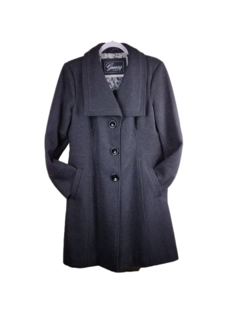 Guess Vintage Gray Wool Blend Shawl Collar Long Sleeve Mid Length Driving Coat